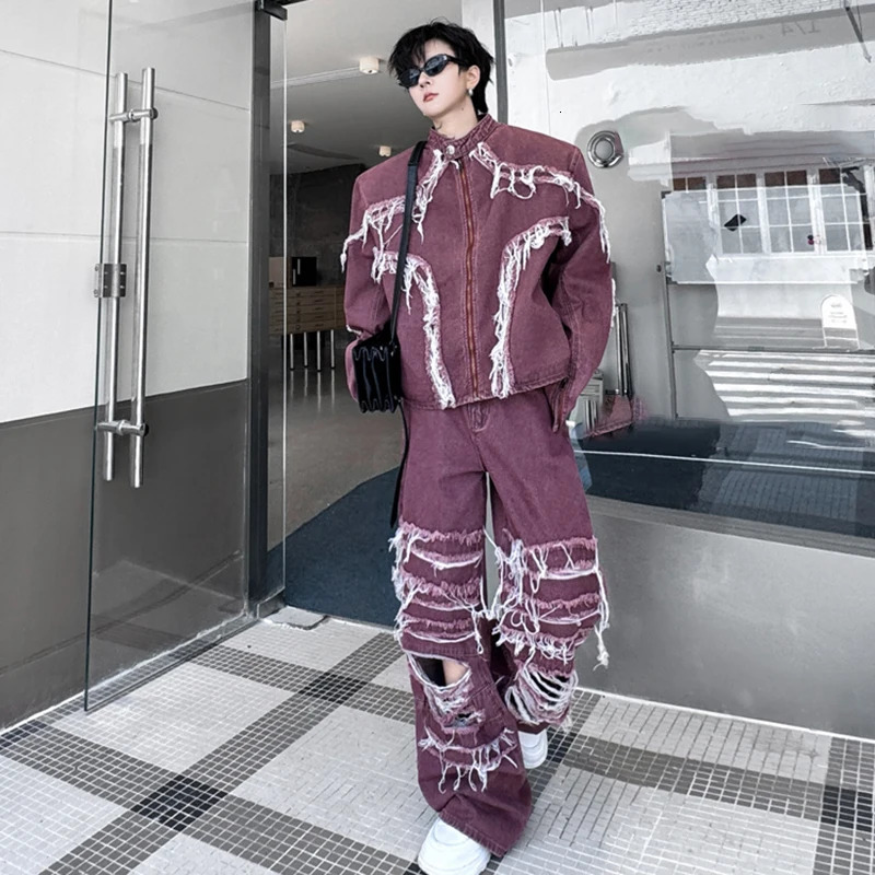 PFNW Spring Mens Set Stand Collar Rougn Edge Denim Jacket Ripped Hole Wide Leg Pants Spliced Trendy Streetwear 28W4788 250220