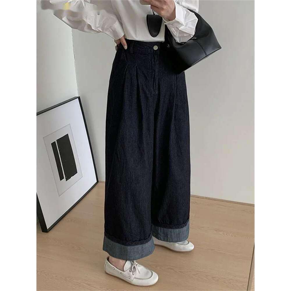2025 100% Cotton Denim Blue Straight Pants Women Early Spring Simple Lace Curled Jeans Loose