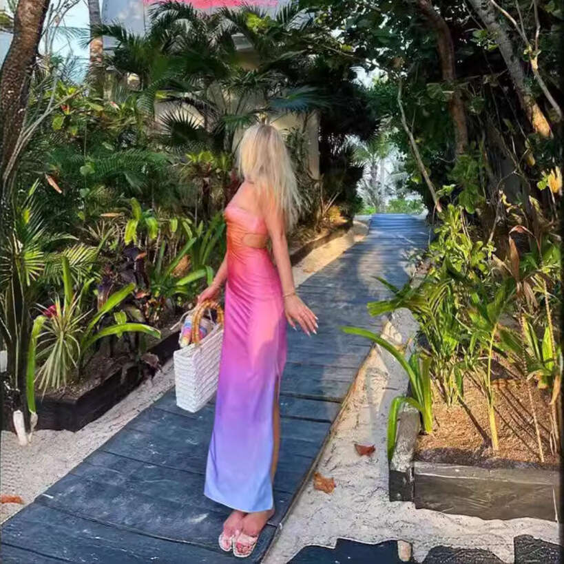 European and American summer product casual sexy gradient color print strapless waist reveag long dress for hair replacement 2025 new style temperamen