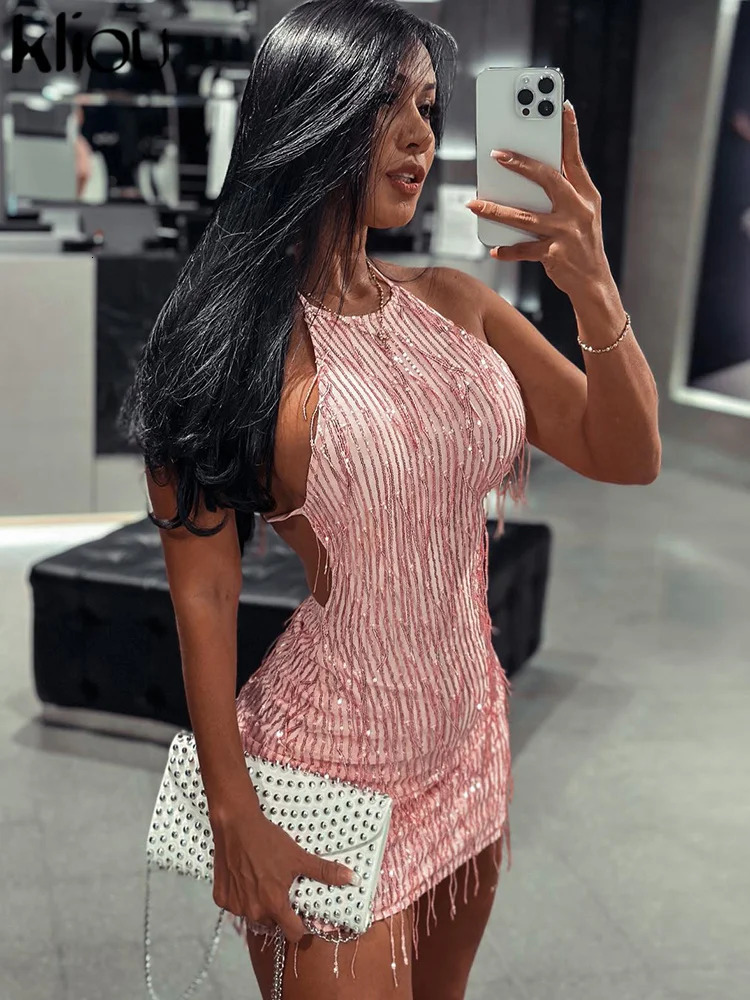 Kliou Tassel Patchwork Shiny Mini Dress Women Halter Bandage Stunning Backless Sleeveless Skinny Vestido Female Party Clubwear 250219