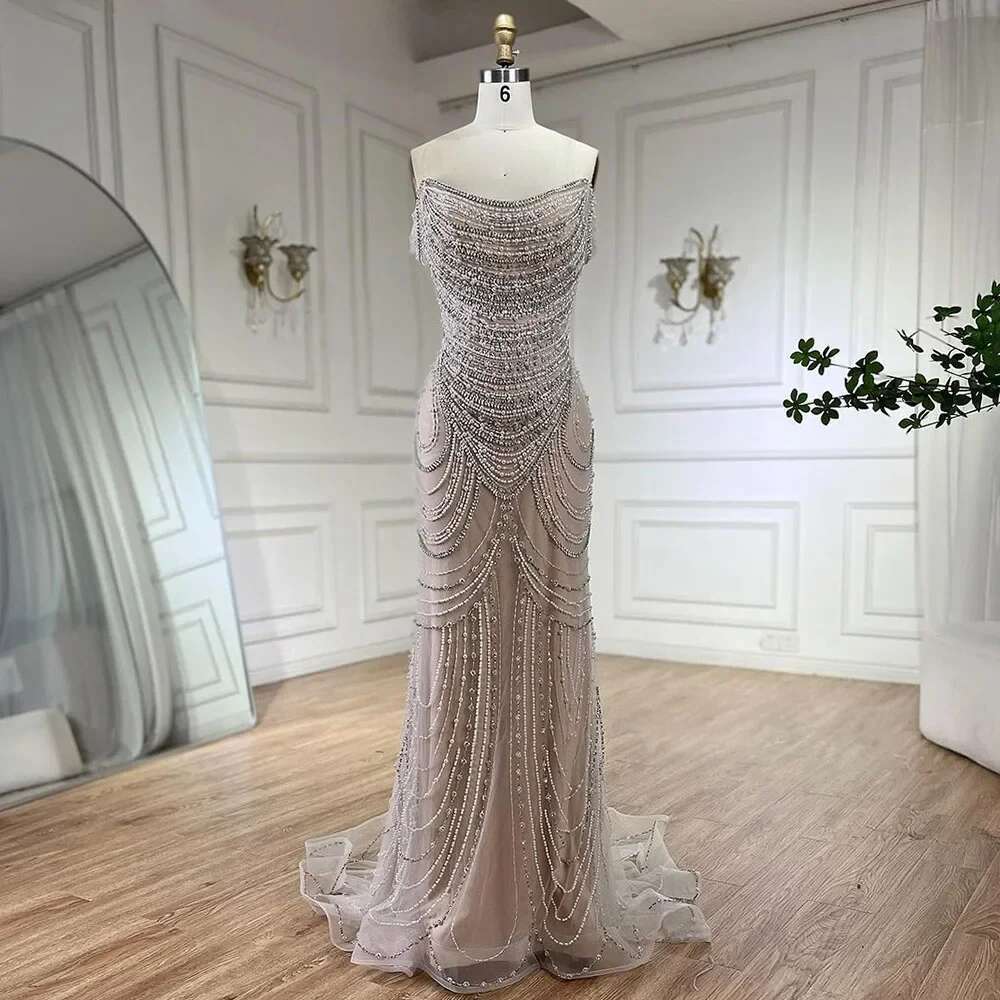 White Dubai Nude Strapless Mermaid Evening Dresses Gowns Pearls Beaded For Women Prom Party BLA