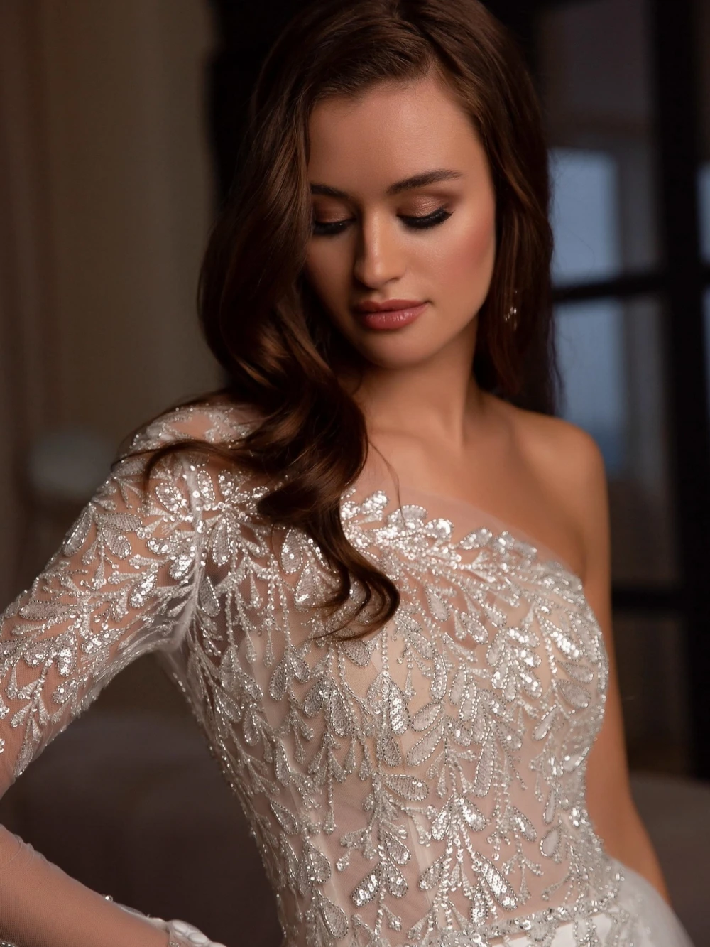 Classic Mermaid Wedding Dress One Shoulder Long Sleeves Bridal Gowns Appliques Sequins Sweep Train Dresses Custom Made vestidos de novia
