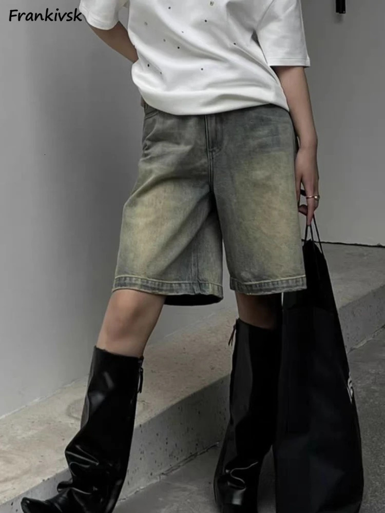 S-4XL Denim Shorts Women Chic Leisure Streetwear High Waist Korean Style Summer Knee Simple Comfortable Students Clothing 250219