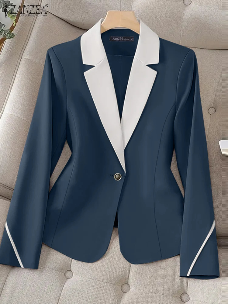 ZANZEA Spring Buttons Thin Outwears Women Formal Blazer Vintage Colorblock Waisted Coats Office Lady Long Sleeve Jackets 250213