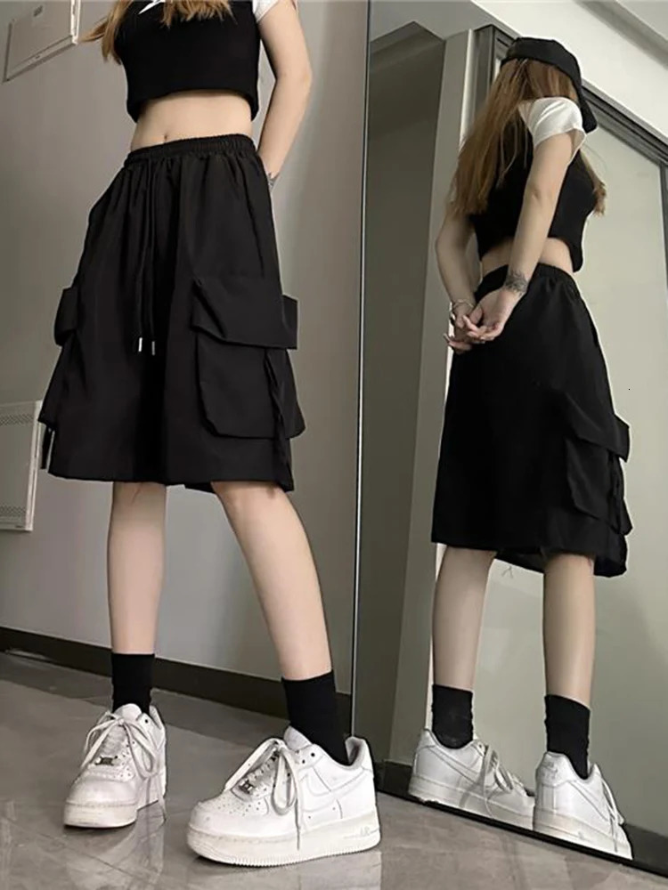 Zoki Streetwear Hip Hop Cargo Shorts Women Vintage Harajuku High Waist Y2K Short Pants Casual Korean Pockets Bf Shorts Summer 250219