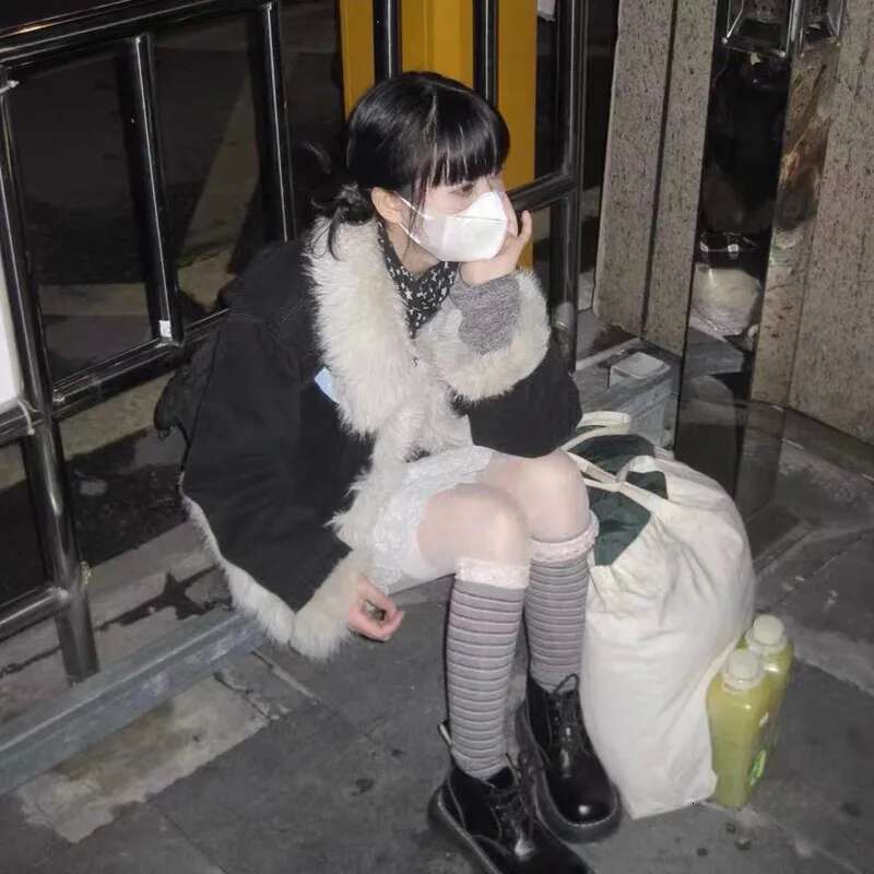 Karrram Y2k Aesthetics Black Denim Grunge Fairycore Jeans Fur Jacket 2000s Haruku Winter Coat Patchwork Vintage Korean