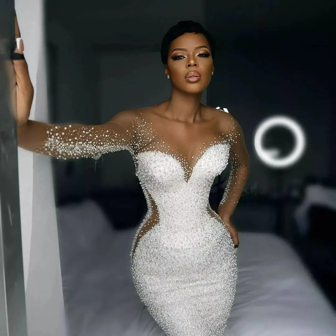 2025 Sexy Mermaid Church Wedding Dress Scoop Illusion Long Sleeves Pearls Beads Tulle Bridal Bride Gown Nigeria African Vestido De Noiva
