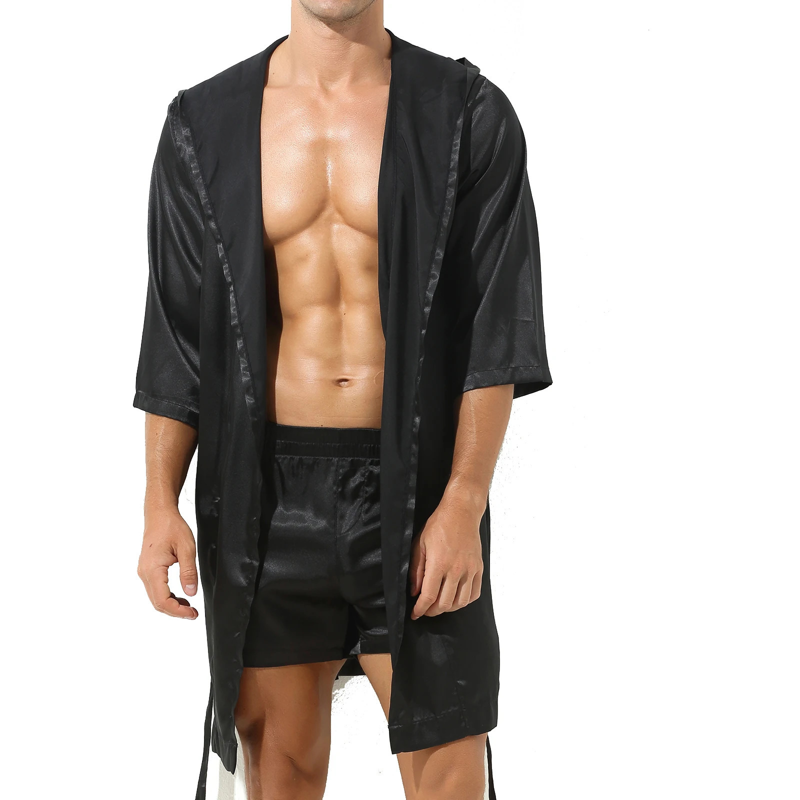 Mens Sleepwear Robe Satin Pajamas Tops Open Front Hooded Nightrobe Belted Kimono Half Sleeve Bathrobe without Shorts Nightwear 250220