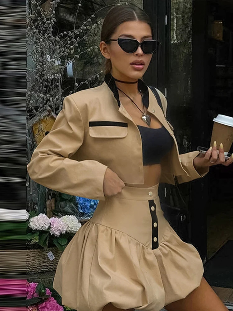Elegant jacket set for women sexy button up long sleeved jacket pleated high waisted womens skiing suit autumn womens clothing 250220