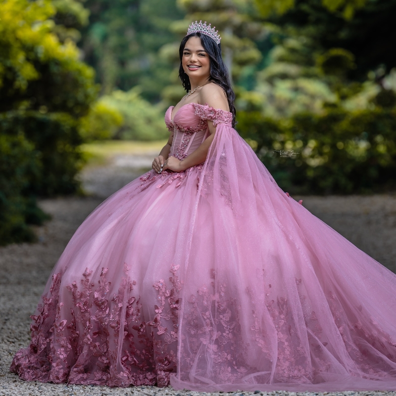 Pink Shiny Quinceanera Dresses Ball Gown Off The Shoulder Bow Beading Crystal Tull Party Birthday Sweet 16 Dress Vestidos 15 De XV