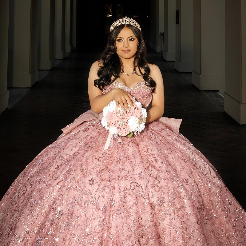 Pink Shiny Quinceanera Dresses Ball Gown Off The Shoulder Sequin Applique Lace Beading Crystal Tull Party Birthday Sweet 16 Dress vestidos 15 anos
