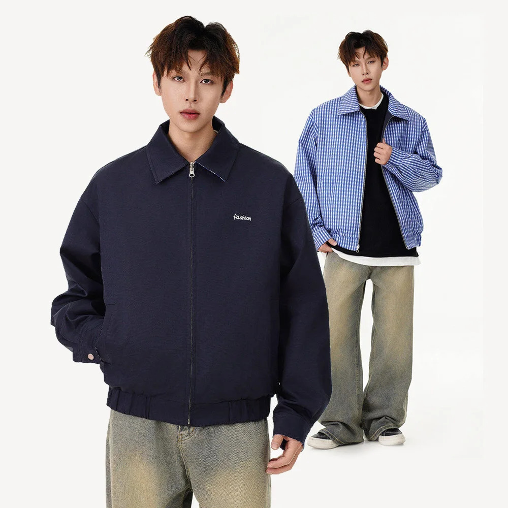 Double Sided Wearable Bomber Jacket Men Streetwear Fashion Loose Causal Vintage Plaid Varsity Jacket Unisex Coat Outerwear 250219