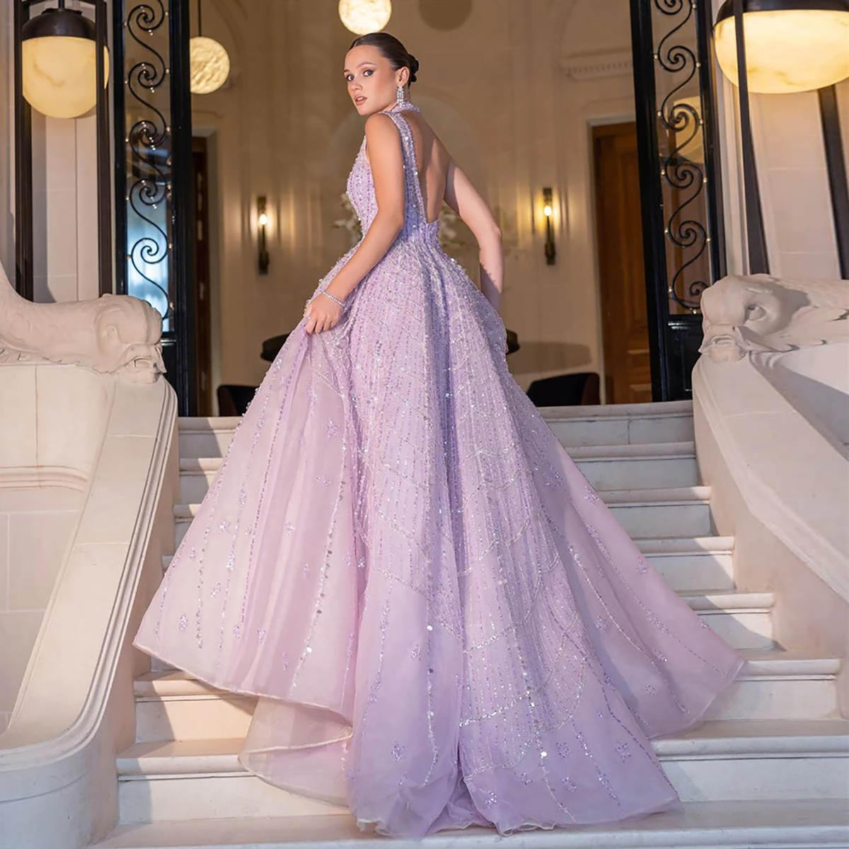 Purple Glitter A-Line Tulle Prom Dresses For Women Sequins Evening Party Dresses Floor-Length Gowns 2025 Special Occasion Customized Vestido de novia