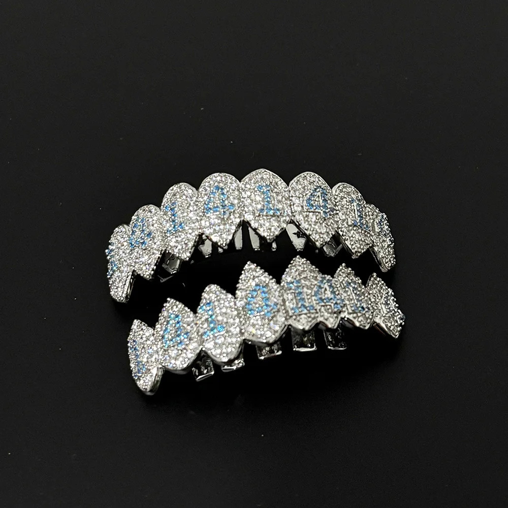 RACHELZ Hip Hop Blue Number 14 CZ Stone Teeth Grills Braces Full Shiny Zircon Tooth Caps For Women Men Jewelry Top Bottom Fangs 250219