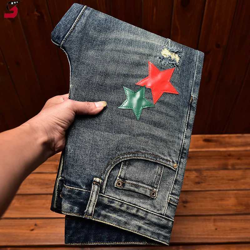 High Street Fashion Jeans Mens Autumn and Winter Clothing Hole Patch Personality Star Patch Slim Fit Skinny Stretch Pants X250220