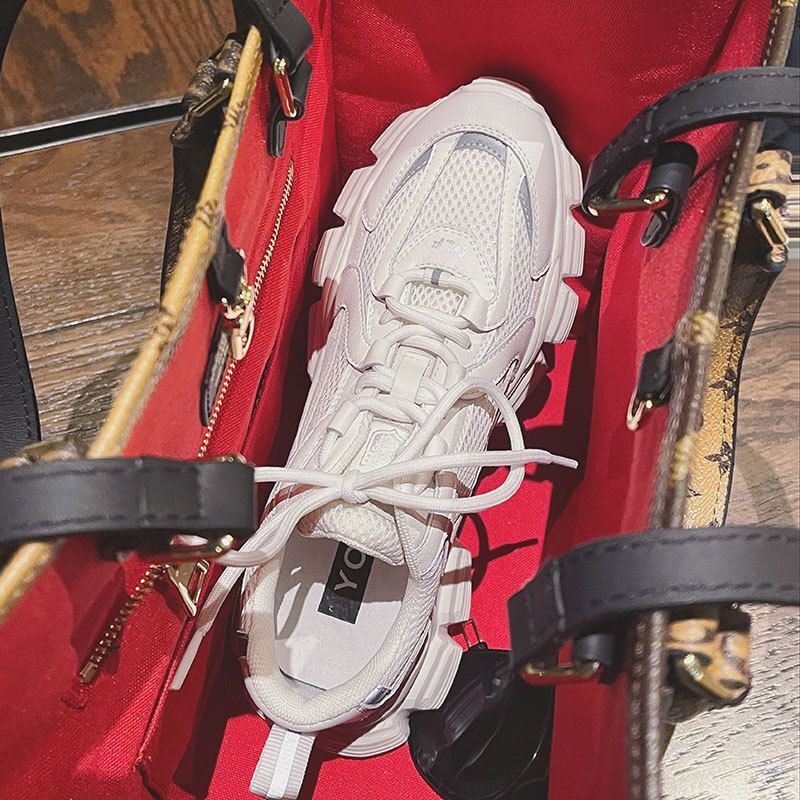 2023 New Spring And Summer Daddy Women's Mesh Surface Increased Leather Thick Bottom Lightweight All-Match Thin White Shoes Breathable