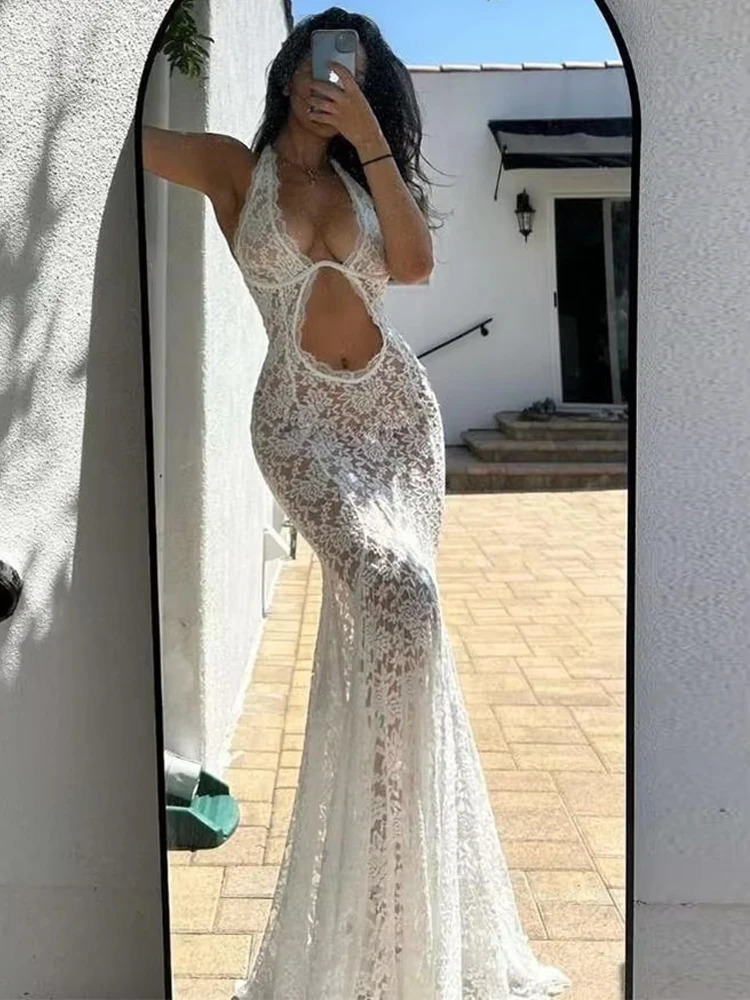 Weird Puss Lace Sexy Halter Dress Party Women Chic Backless Sleeveless Hollow Wedding Dinner Summer Vacation Bodycon Vestidos 250219