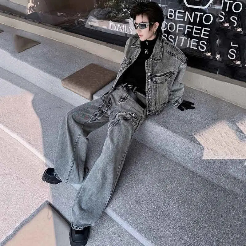 PFNW Mens Grey Trouser Set Patch Pocket Embossed Denim Short Jacket and Wide Leg Jeans Spring Loose Two Piece Set 9C4491 250220