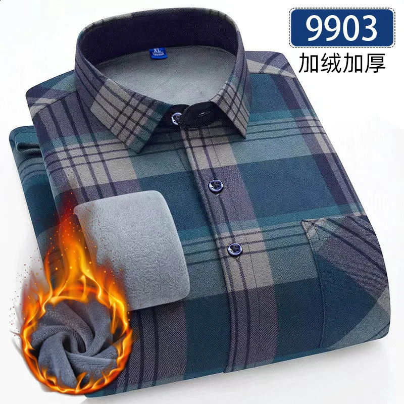 8XL 9XL plus fleece thick mens shirt Long sleeve autumn and winter casual free ironing breathable fashion plaid slim fit 250220
