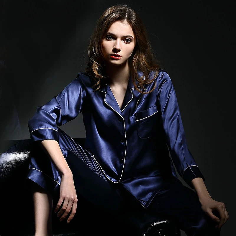 6A factory 100% mulberry silk sleepwear womens set summer autumn spring summer long sleeved two-piece set silk sleepwear gray 250219