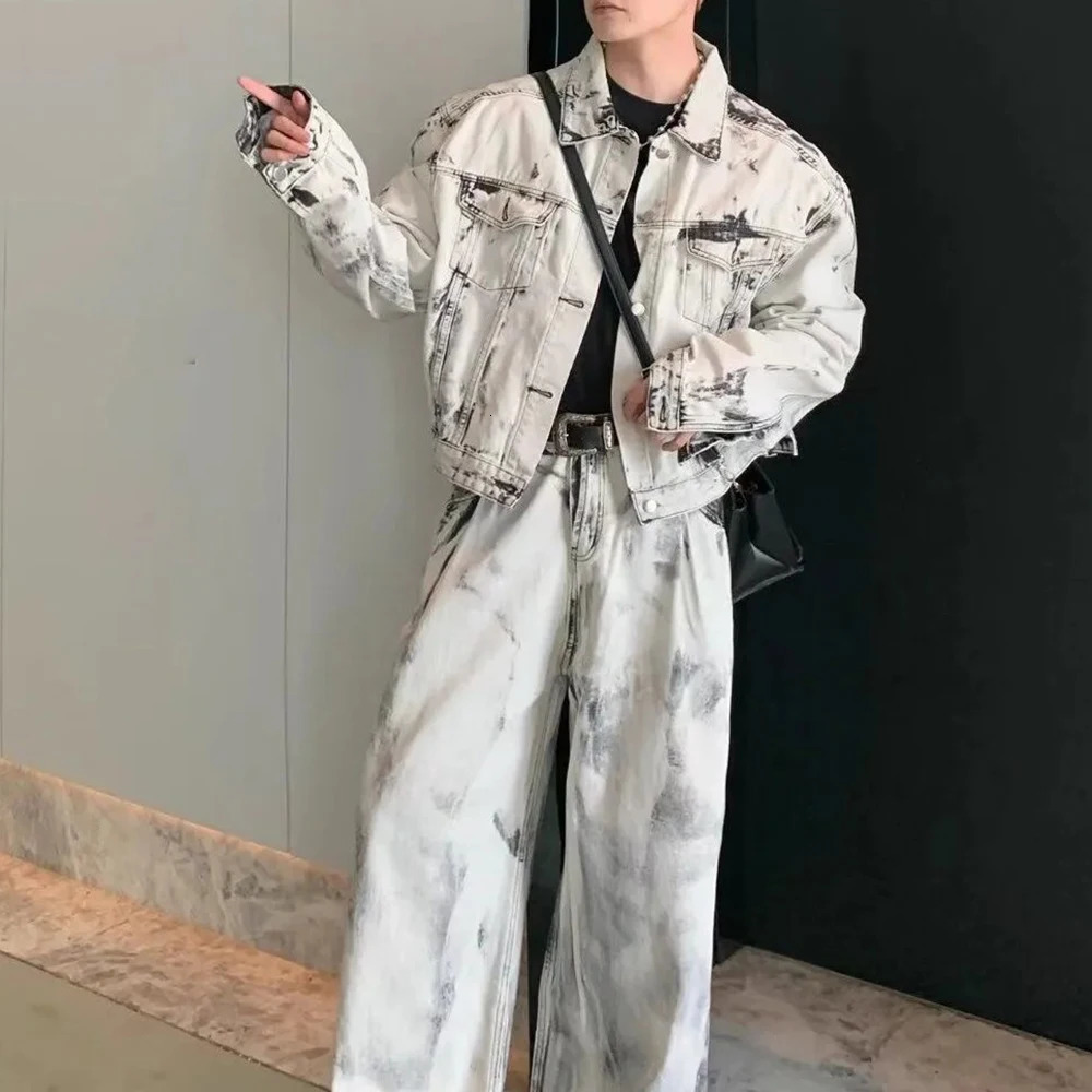 Mens Denim Y2k Tie-Dye Jacket Trousers Spring Streetwear Fashion Trends Youth Campus Performance Sets MenS Clothing 250220