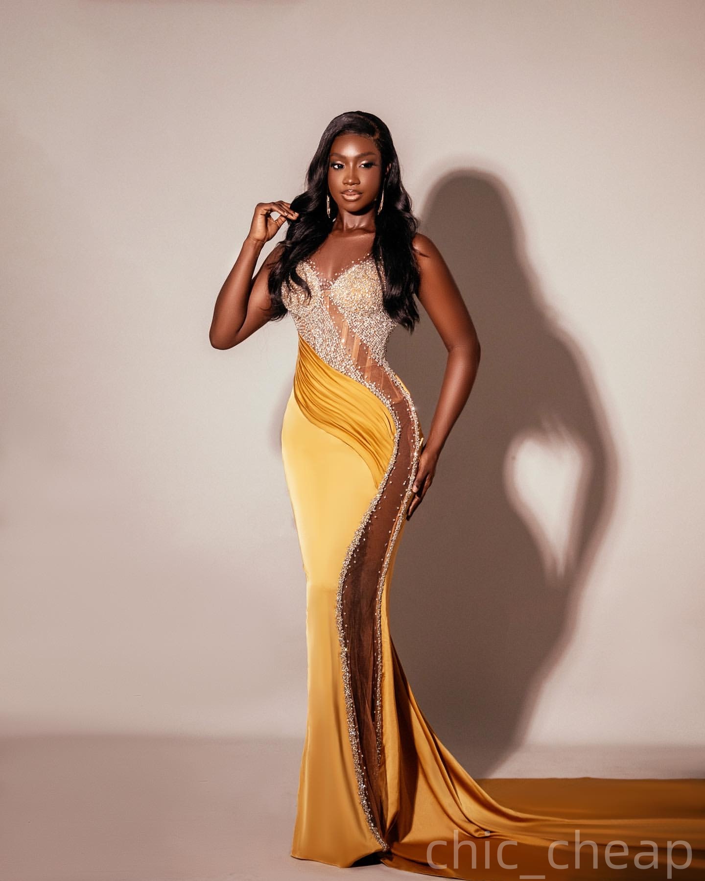 Yellow Illusion Mermaid Prom Dresses 2025 Satin Beaded Sheer Neck Evening Formal Party Second Birthday Engagement Gowns Plus Size Dress For Special Oc