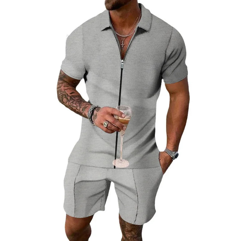 polo shirt collar mens European and American zipper short sleeved solid color casual set 250220