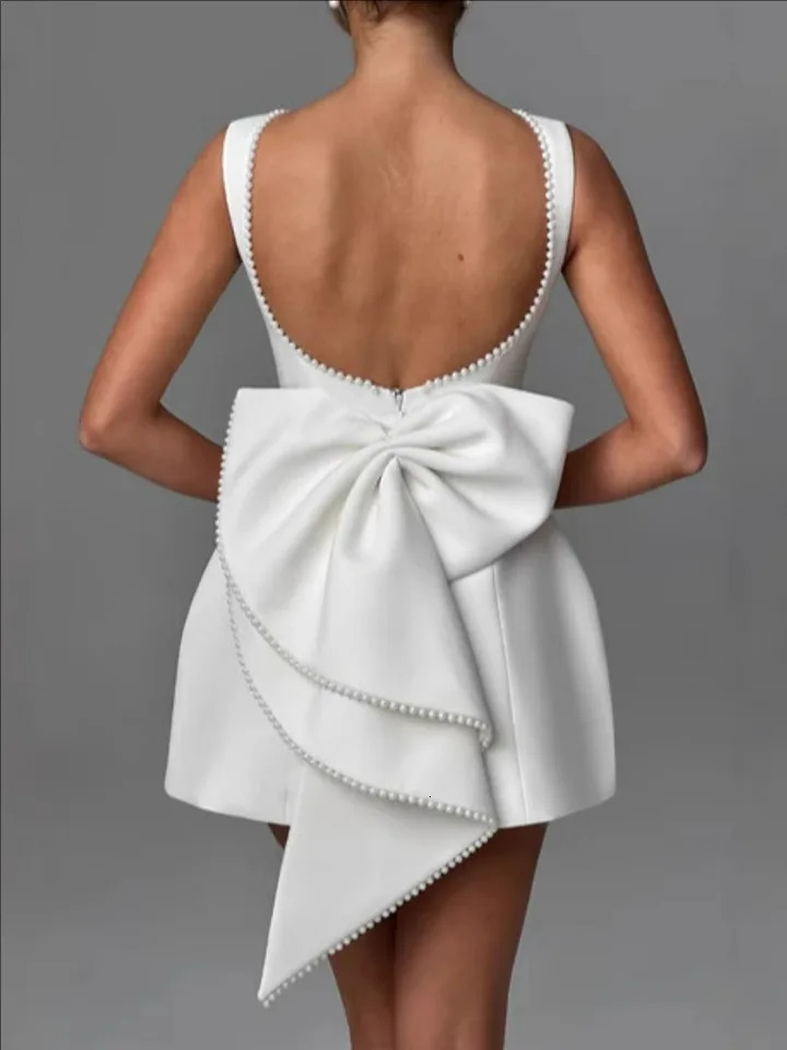 Spring Summer Elegant Women Sexy Mini Dress Pearl Big Bow Backless Zipper Sleeveless High Waist A-line Club Party Dress 250219