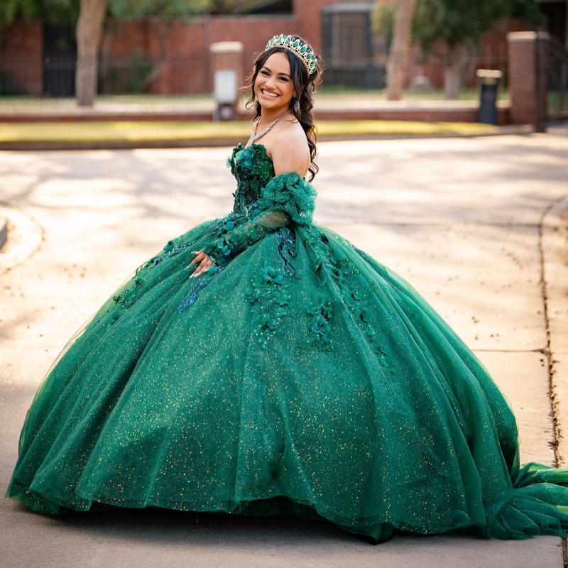 Blackish Green Shiny Quinceanera Dresses Ball Gown Off The Shoulder Applique Lace Beads Tull Party Birthday Sweet 16 Dress Vestido 15 De Anos