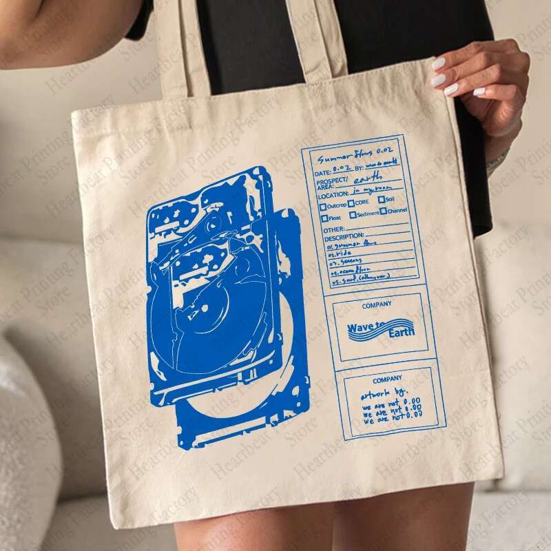 Wave To Earth Summer ws Pattern Retro Record Graphics Tote Reusable Shopper Bags For Men And Women Canvas Bag swissmilitary
