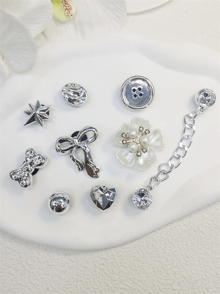 9PCS Shoe Charms ABS Decorations Accessories DIY Clog Buckle Shoes Silvery Bow Chain Ornaments For Lady Bubble Slides 250219