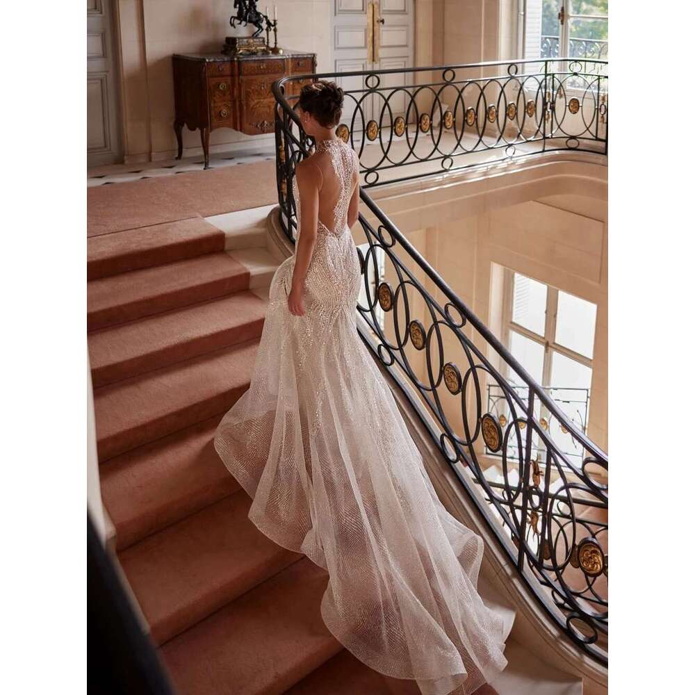 Glitter Sequins Beads Mermaid Long Wedding Dress Sexy Illusion Sleeveless Bridal Gown Customized High Collar Dresses For Bride