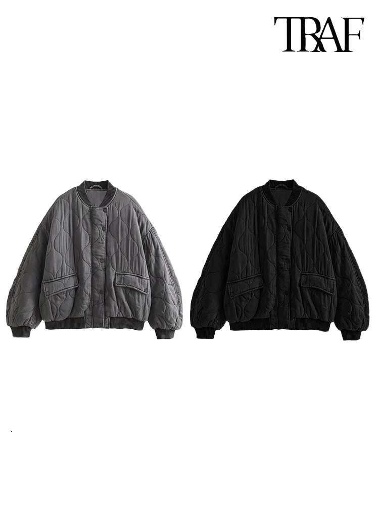 TRAF Women's Fashion Round Collar Single Breasted Long Sleeve Aviator Solid Color Quilted Commuter Warm Casual Jacket