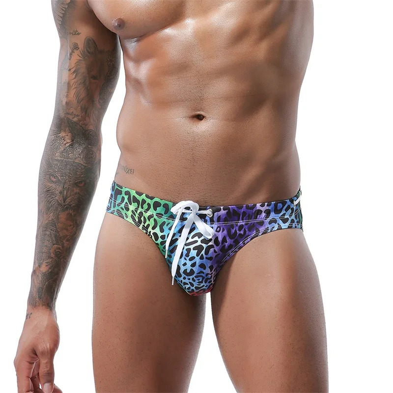 Mens Swimwear Swimsuit Beach Low Waist Briefs Leopard Digital Printing Crochet Bikini Surfing Swim Wear Bathing Suit 250220