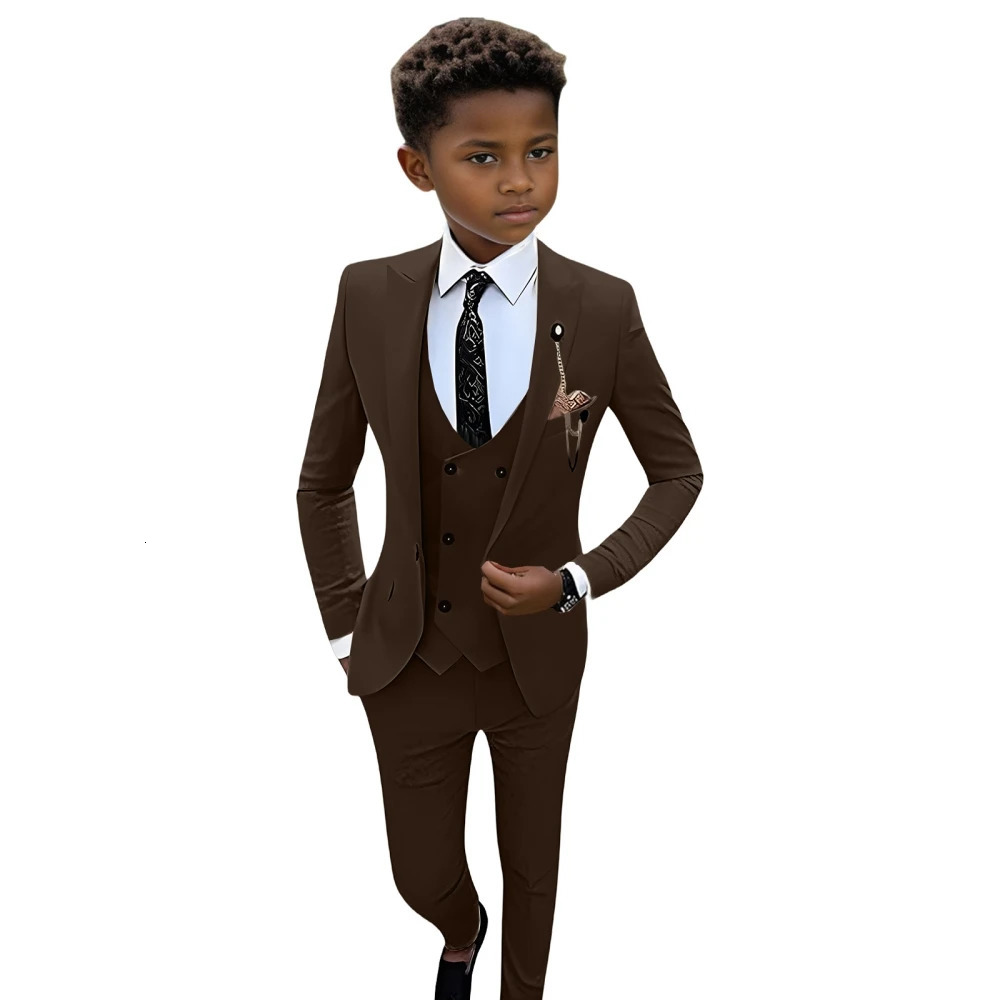 Fashionable Brown Shawl Neck Children Tuxedo Set 3-14Y Elegant One Button Boys Suit 4 Pieces For Wedding Party Guest 250219