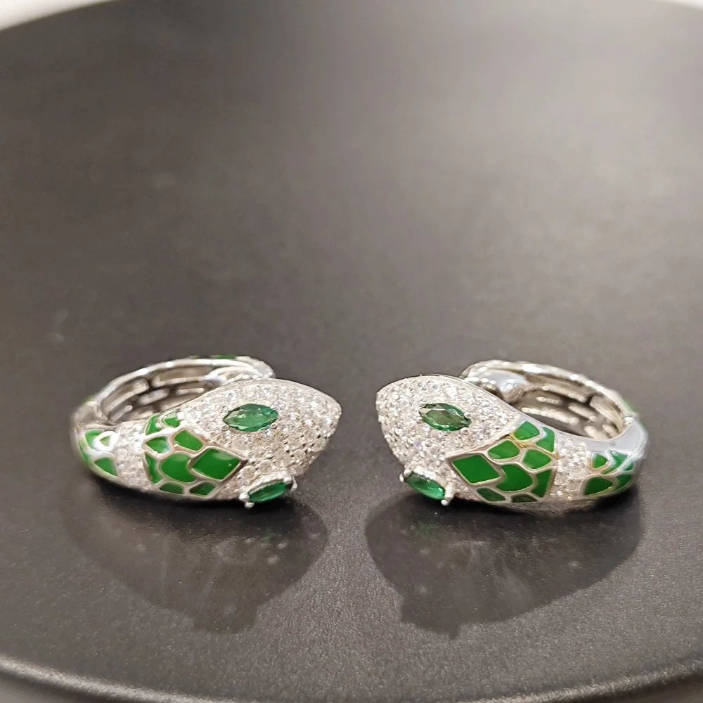 925 sterling silver snake earrings for women fashionable and elegant sparkling green zircon snake custom ring earrings 250220