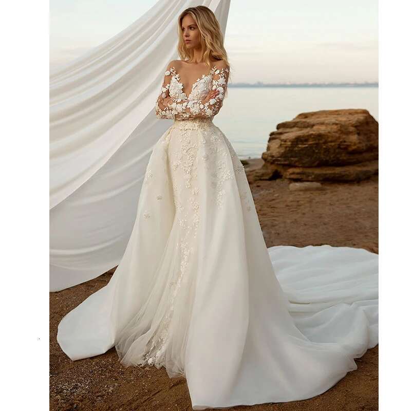 Lace Wedding Dresses for Bride Mermaid Sheer Neck Backless Detachable Overskirt Bridal Gowns Vestidos De Novia Customized