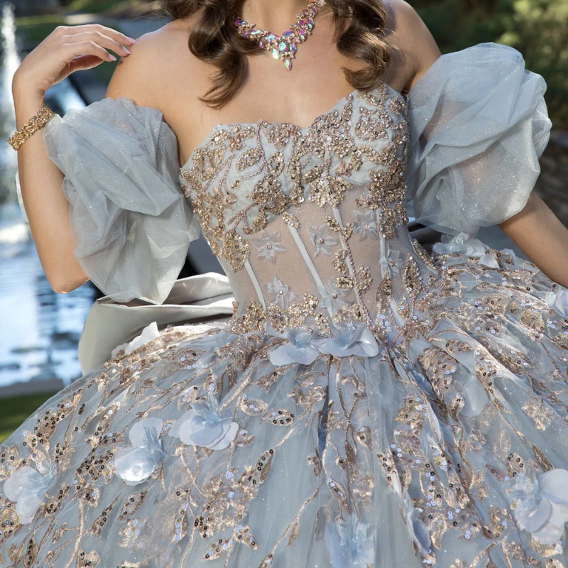 Gray Shiny Quinceanera Dresses Ball Gown Off Shoulder Appliques Flower Bow Beads Tull Corset Sweet 16 Dress Vestidos 15 de anos