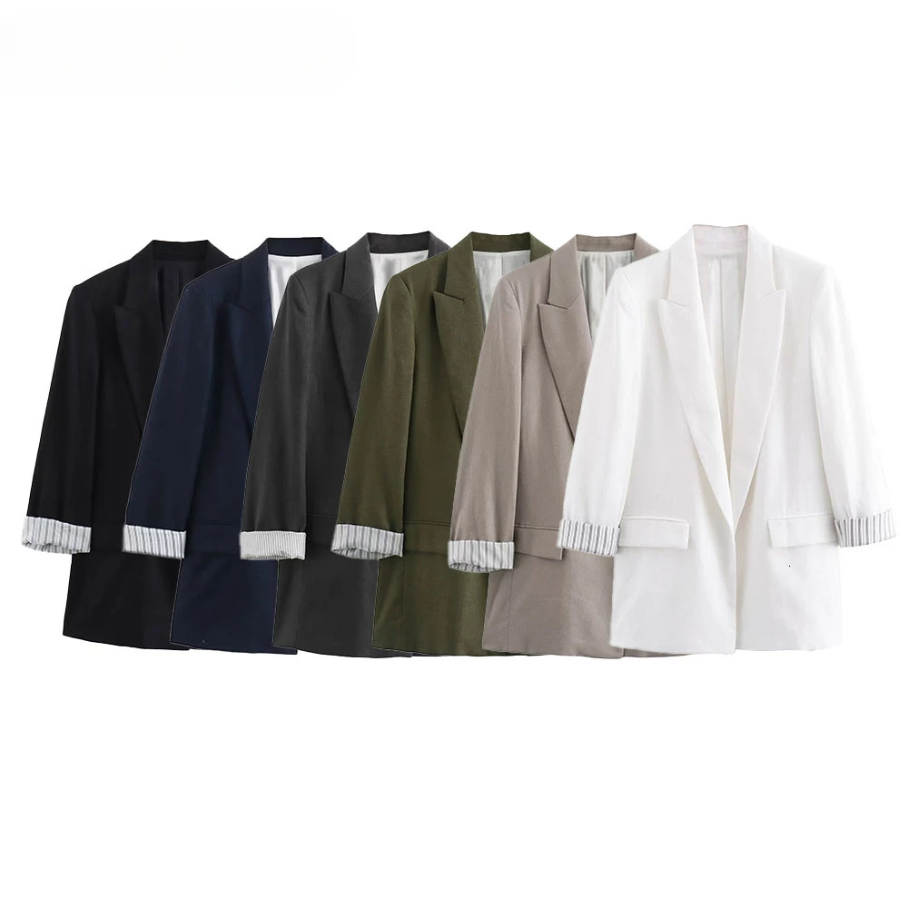 ASDS Women Fashion Solid Linen Blazer Notched Collar Long Roll up Sleeves Female Chic Office Lady Business Outfits 250219