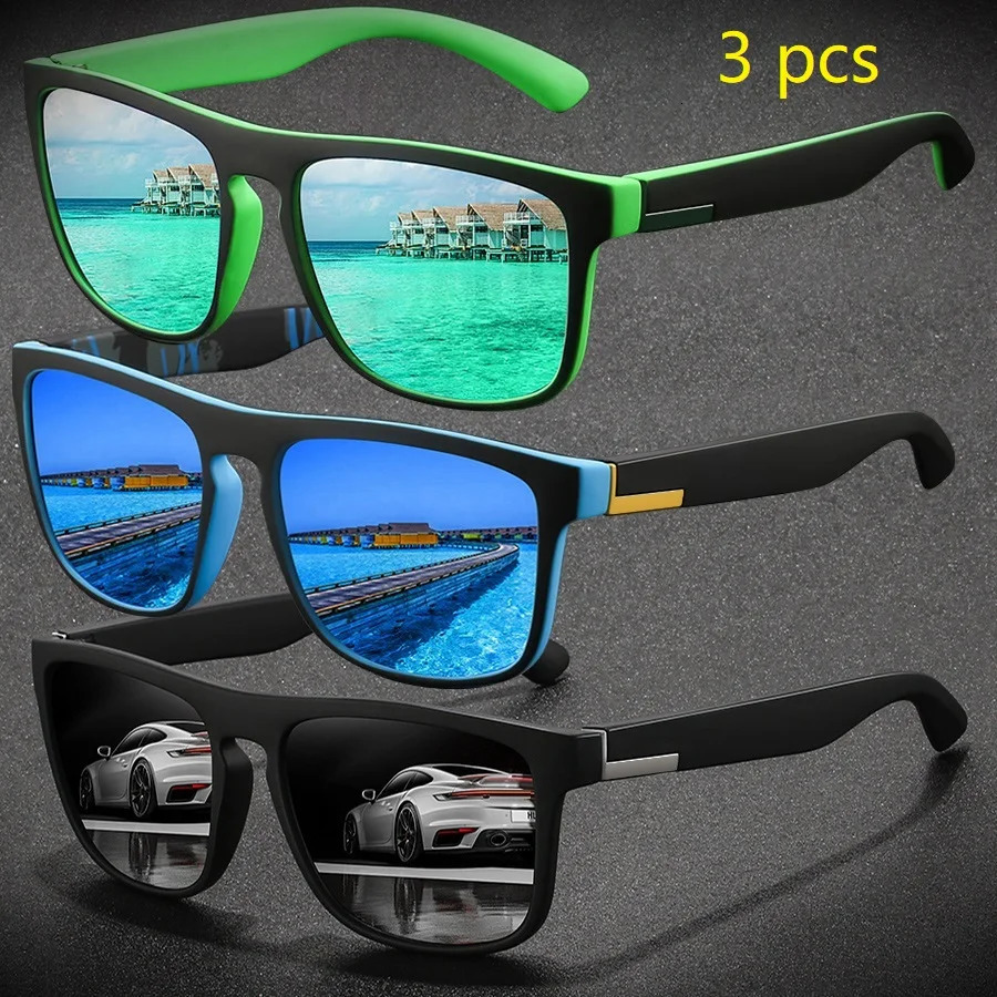 3 Pieces Fashion Vintage Square Sports Sunglasses Men Women Fishing Driving Man Sun Glasses Retro Eyewear UV400 250214
