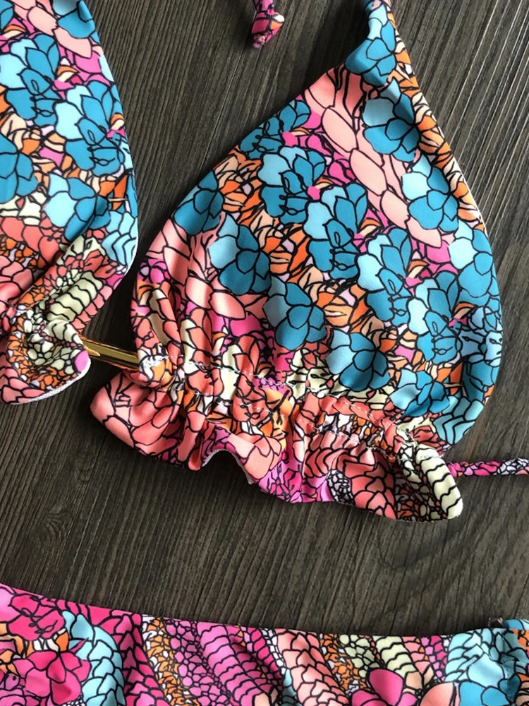 sexy bikini floral print swimsuit bead set push up womens Biquini beach 250212