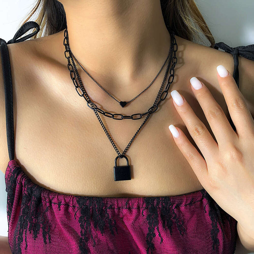 Dark punk style black cross chain layered with sweet and cool geometric love lock necklace for women