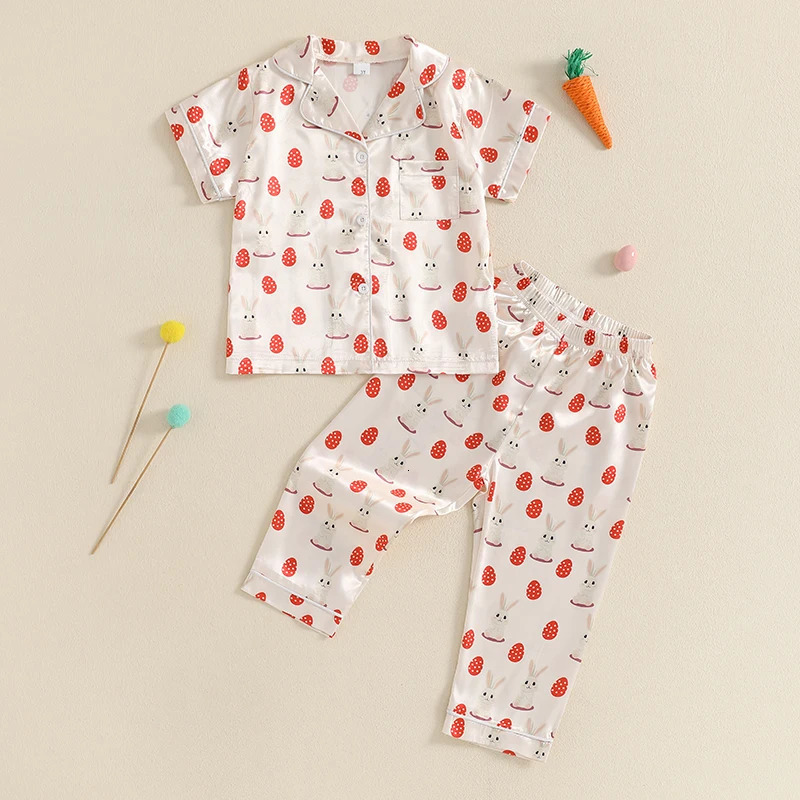 Adorable Toddler Easter Pajama Set with Bunny and Chick Print Short Sleeve Button-up Tops and Long Pants 2 Piece Sleepwear 250219