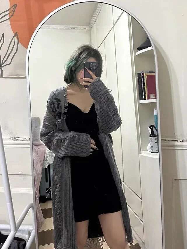 Vintage Grunge Loose Hollow Out Sweaters Fashion Gothic Punk Cross Letter Knitted Coat Y2k Streetwear Haruku Cardigans Women
