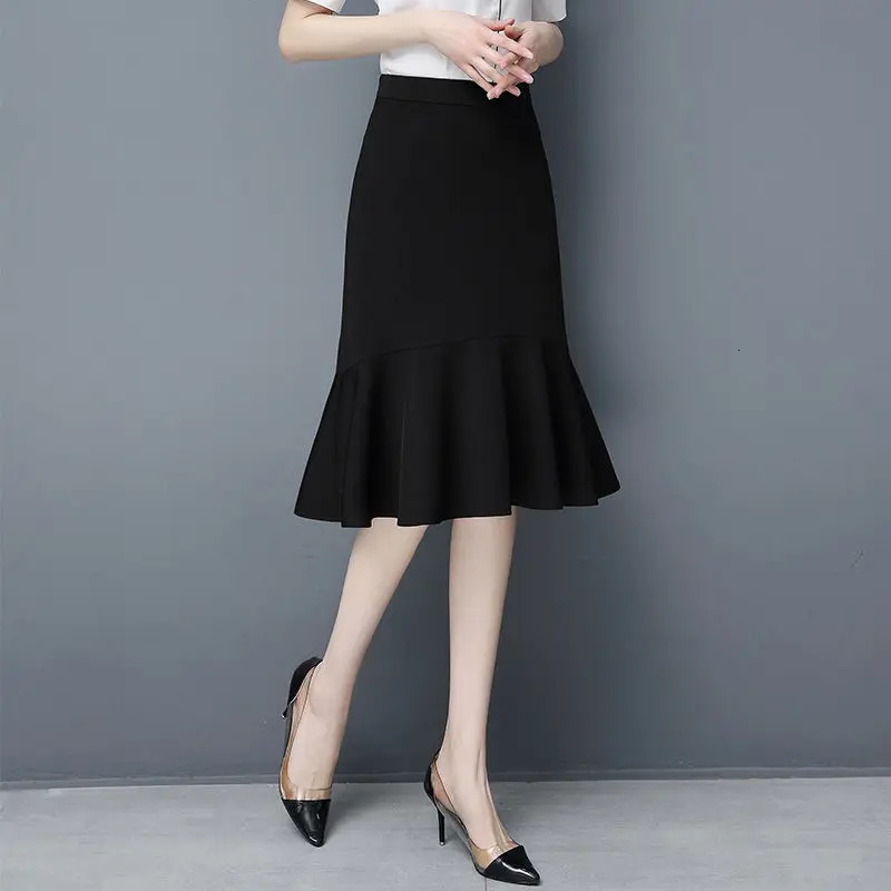 Summer High Waist Loose Hip Skirt Solid Color Allmatch Ruffle Fishtail Elegant Fashion Women Clothing 250220