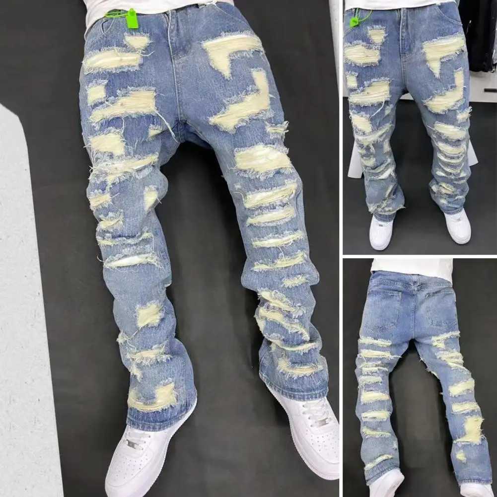 Four Pockets Mens Jeans Vintage Distressed Denim Jeans for Men with Pockets High Street Style Straight-leg Trousers Washed Retro X250220