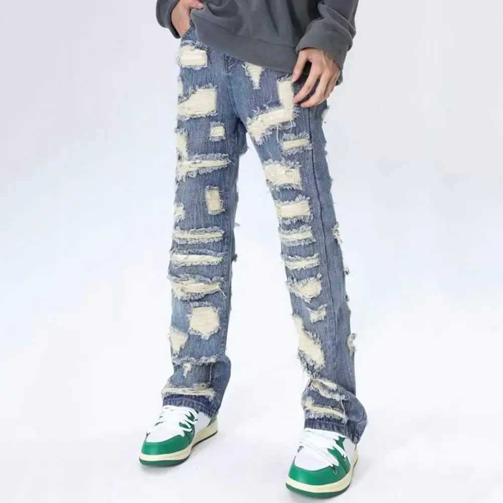 Four Pockets Mens Jeans Vintage Distressed Denim Jeans for Men with Pockets High Street Style Straight-leg Trousers Washed Retro X250220