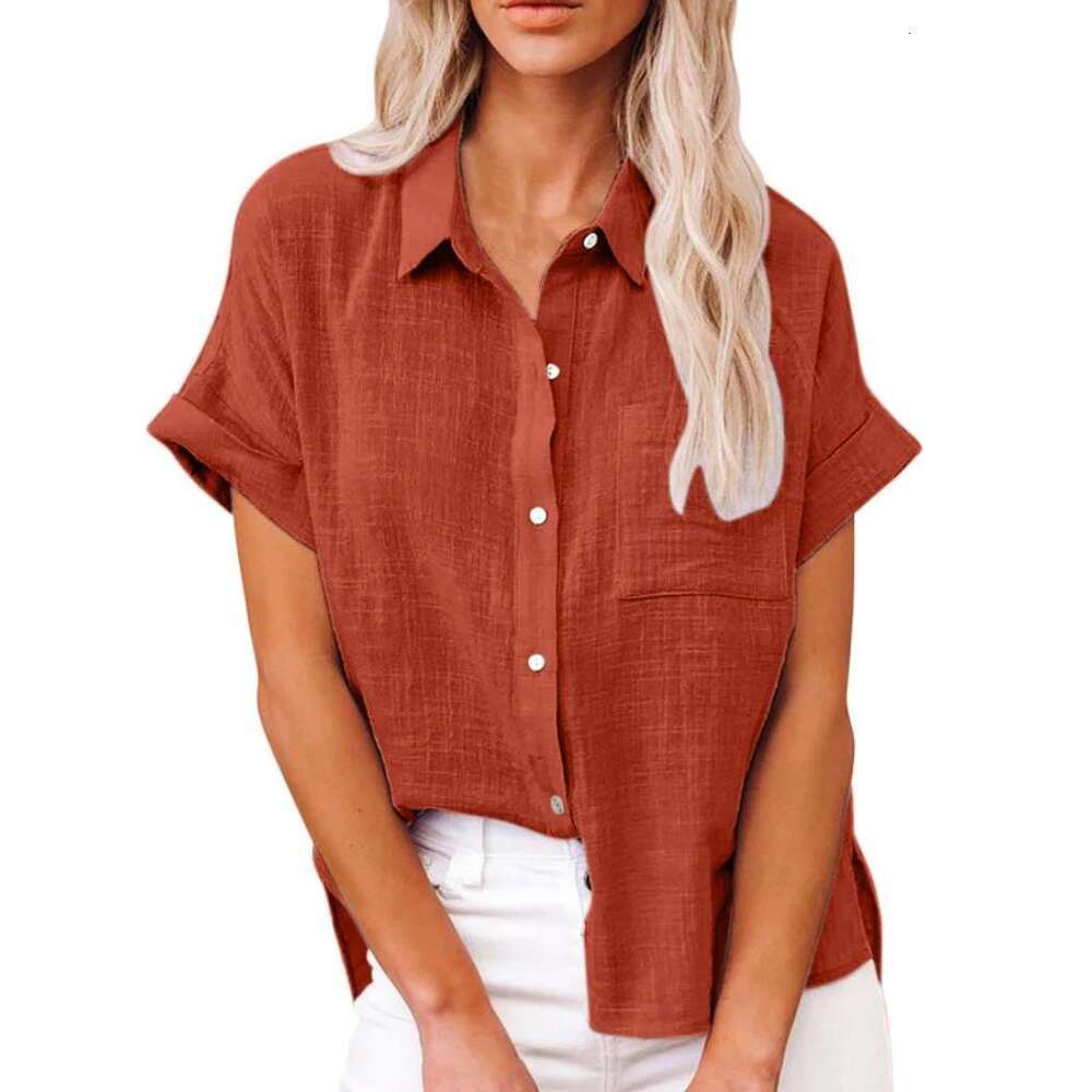 Women Pure Color En Shirt Short Sleeve Casual Loose Fit Blouse Fresh Sweet Style Polyester Fabric Available In Multiple Sizes