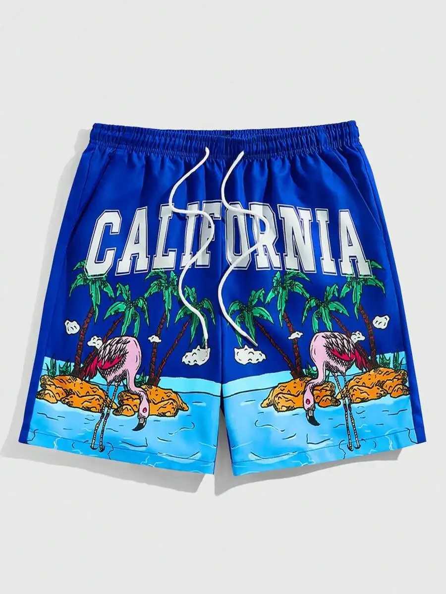 Mens quick drying summer new 3D printed coconut tree flamingo pattern mens sports shorts Hawaii beach shorts X250220