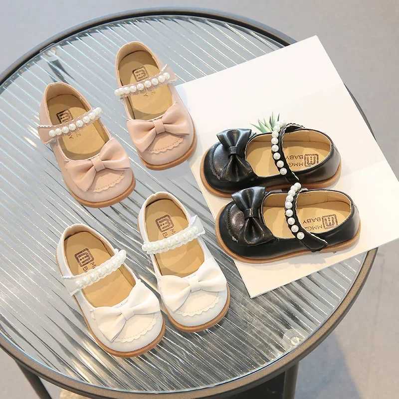 Toddlers Girls Leather Shoes Little Kids Casual Flats Princess Sweet with Pearls Beading Bow-knot 2024 Dress Party Shoes Soft X250220